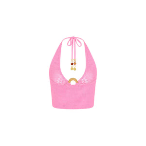 Gestricktes Ring-Neckholder-Crop-Top – Kaugummi