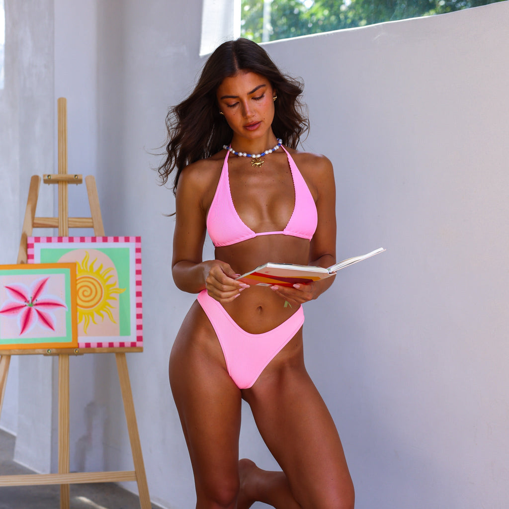 High Leg Thong Bikini Bottom - Taffy Pink Ribbed