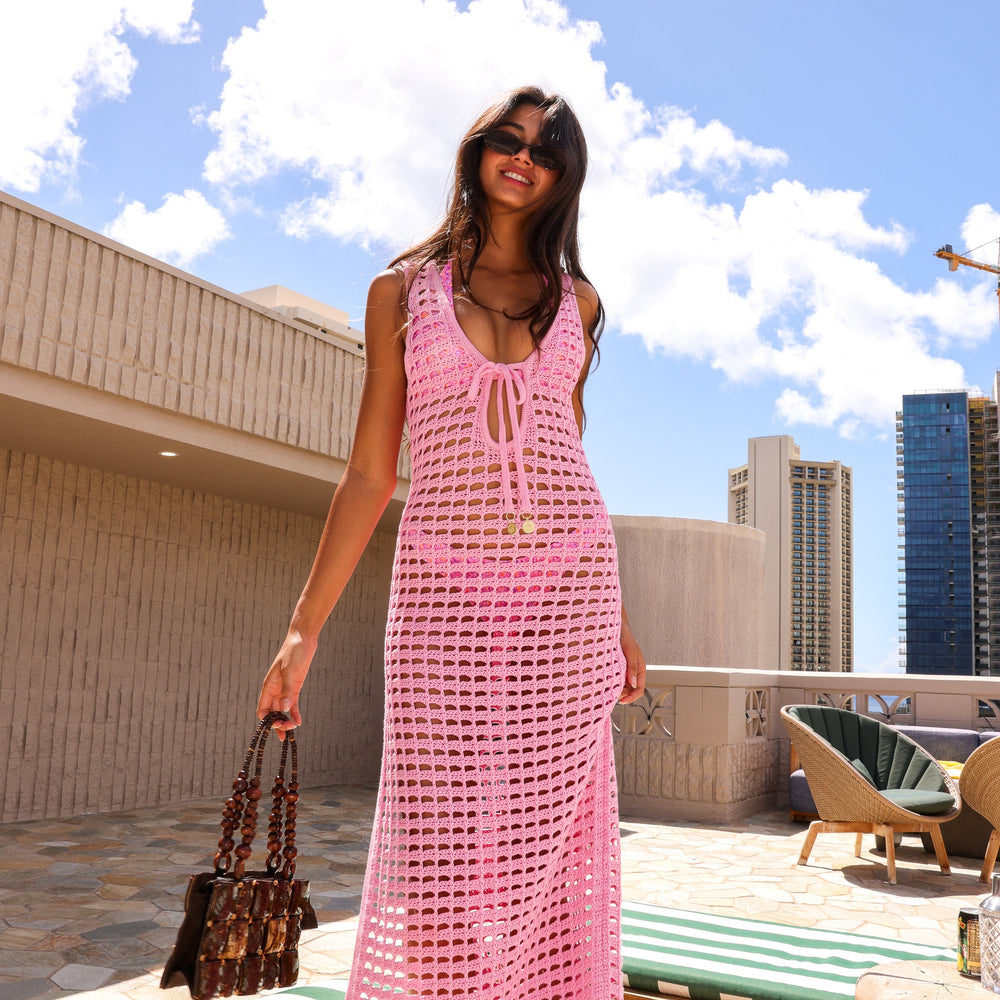 Crochet Plunge Maxi Dress - Bubblegum