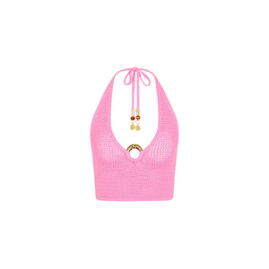 Gestricktes Ring-Neckholder-Crop-Top – Kaugummi