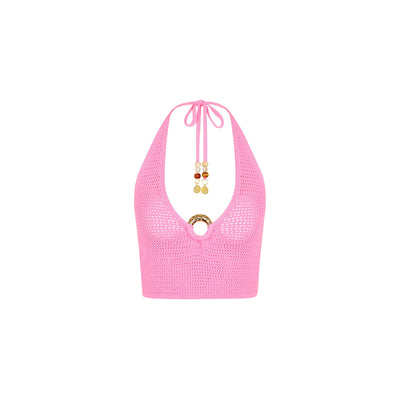Gestricktes Ring-Neckholder-Crop-Top – Kaugummi