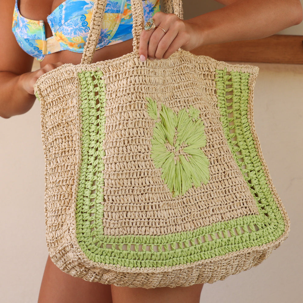 Sac fourre-tout en paille Hibiscus - Pin Citron vert