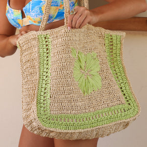 Sac fourre-tout en paille Hibiscus - Pin Citron vert