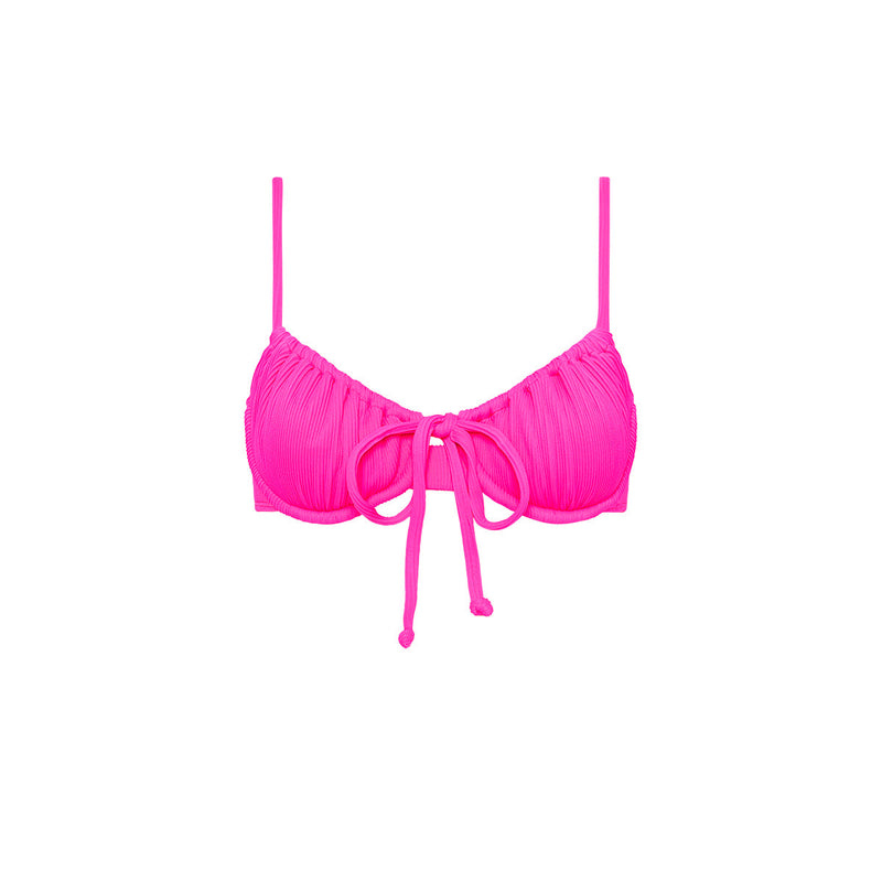 Ruched Underwire Bra Bikini Top - Flamingo Pink Ribbed