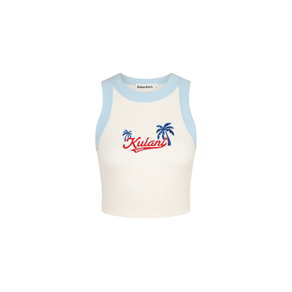 Embroidered Bind Crop Tank - Tropic Blues