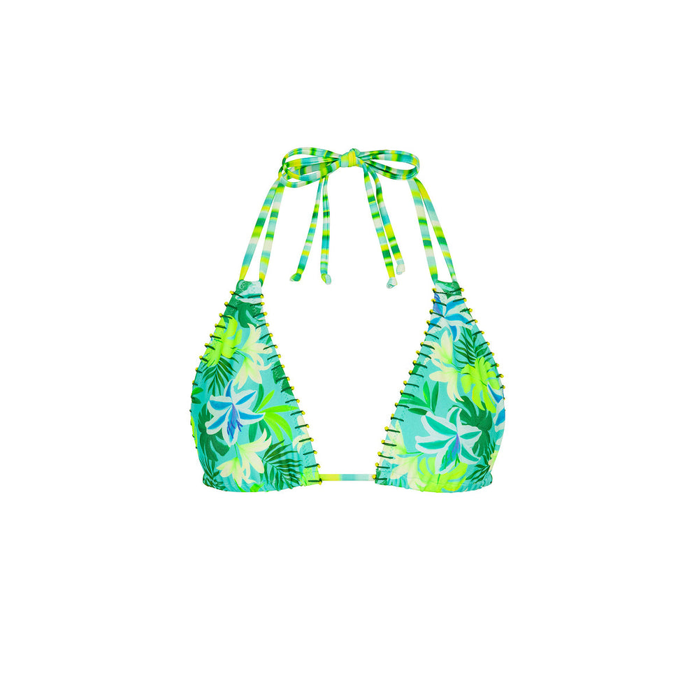 Beaded Lace Stitch Halter Bikini Top - Neon Splice