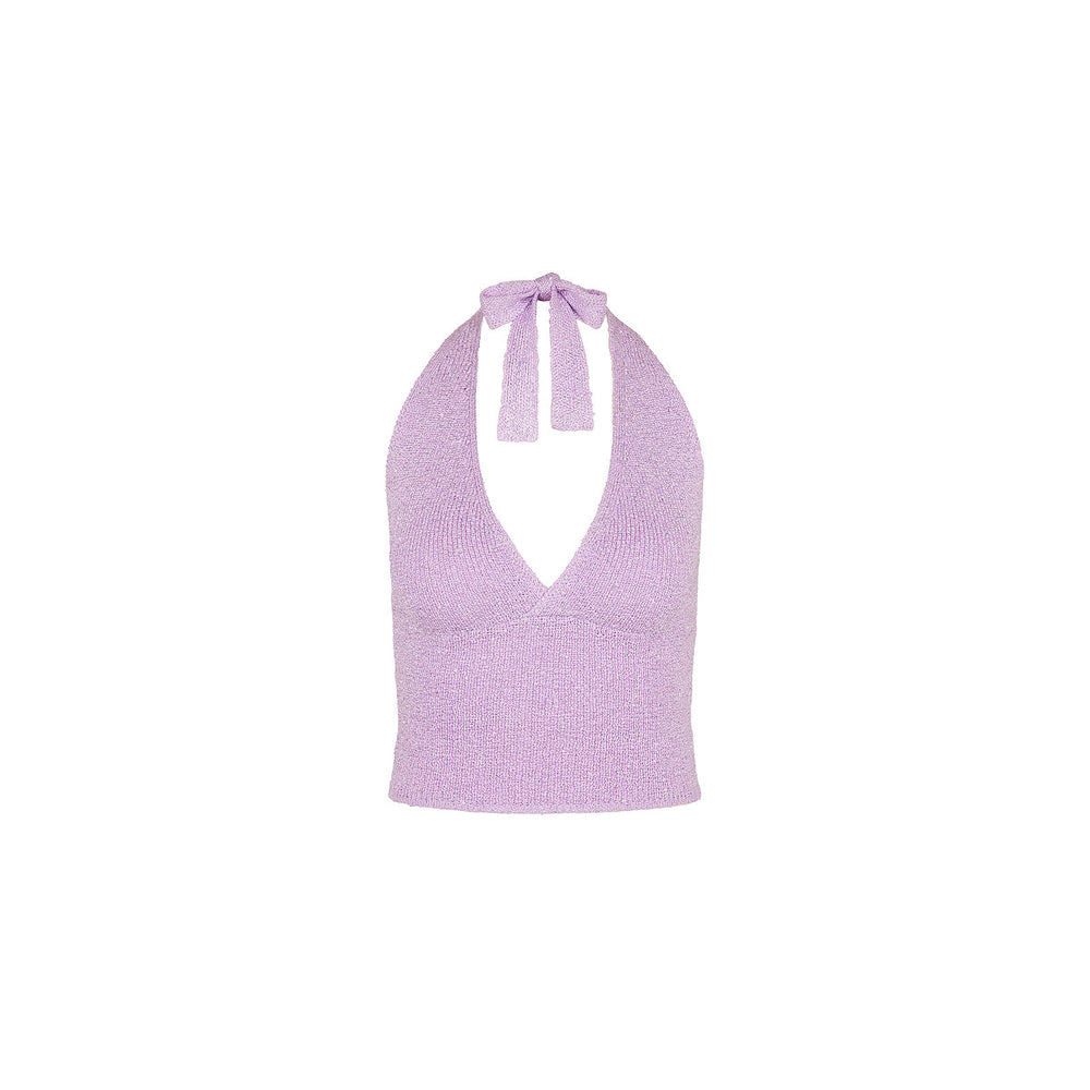 Retro Tie Halter Knit Top - Lilac Glimmer